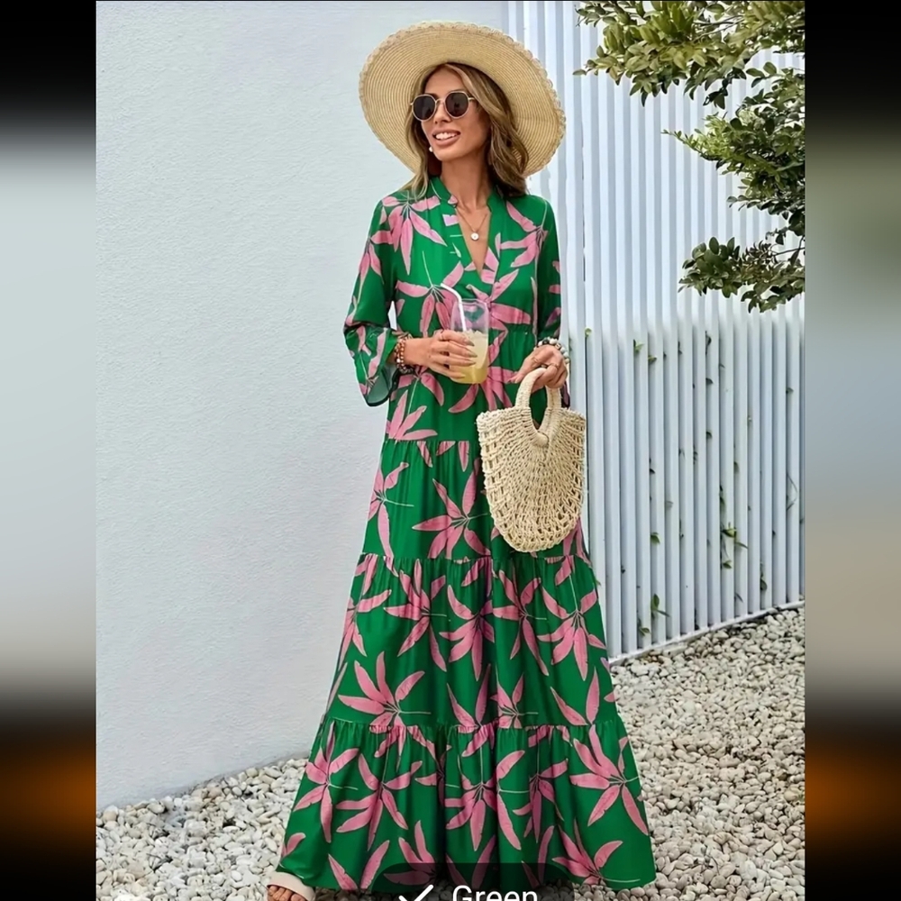 Eye catching green and pink print lightweight tiered maxi with 3/4 sleeves - Picture 2 of 5